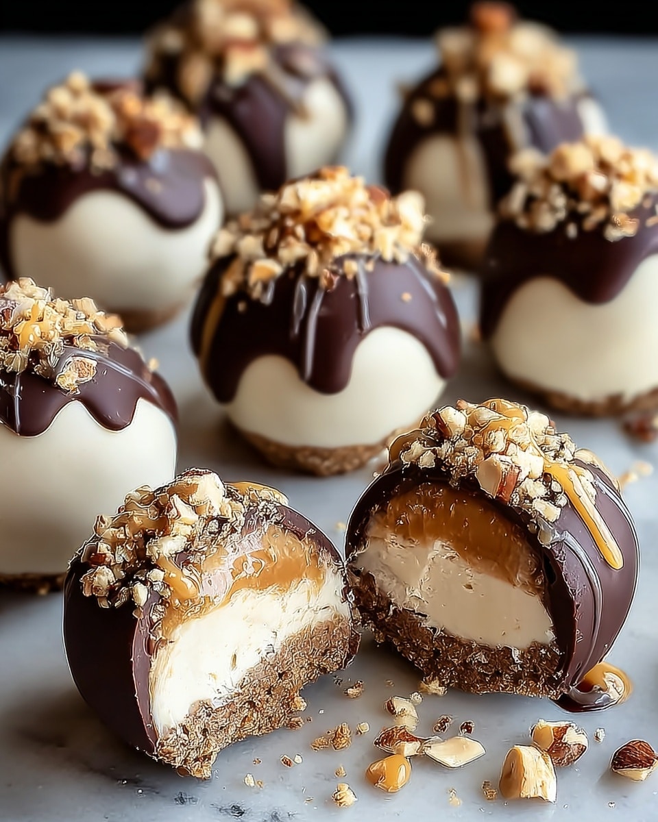 The image shows round truffles with three clear layers: the bottom layer is a crumbly, light brown nutty base, the middle layer is a thick creamy white filling, and the top layer is dark chocolate coated on the upper half of the truffle. The dark chocolate is glossy and sprinkled with small crushed nuts and crumbs, while a drizzle of caramel sauce appears on the creamy filling in the cut truffles. The truffles rest on a white marbled surface with scattered crushed nuts and crumbs around them, and two truffles are cut in half, showing the inside layers. Photo taken with an iphone --ar 4:5 --v 7