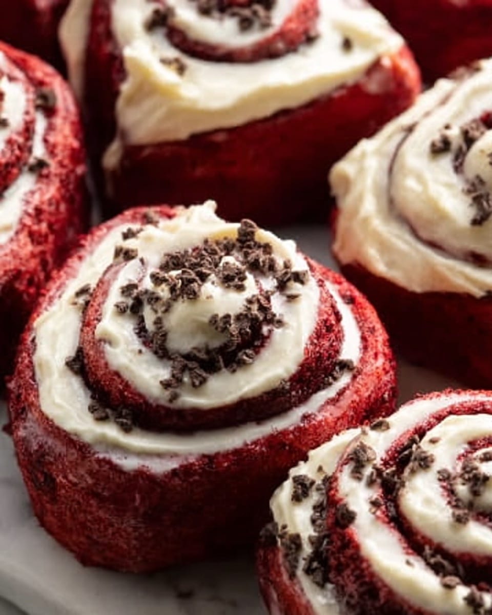 The image shows a close-up of red velvet cinnamon rolls arranged together. Each roll has two main visible layers: a rich red dough forming the base and spiral, and a thick layer of creamy white frosting spread on top and inside the swirls. Small pieces of chocolate or similar toppings are sprinkled lightly over the frosting, adding texture and contrast. The rolls have a soft and fluffy look with the white frosting slightly melting into the red dough underneath. The background is a white marbled surface. photo taken with an iphone --ar 4:5 --v 7