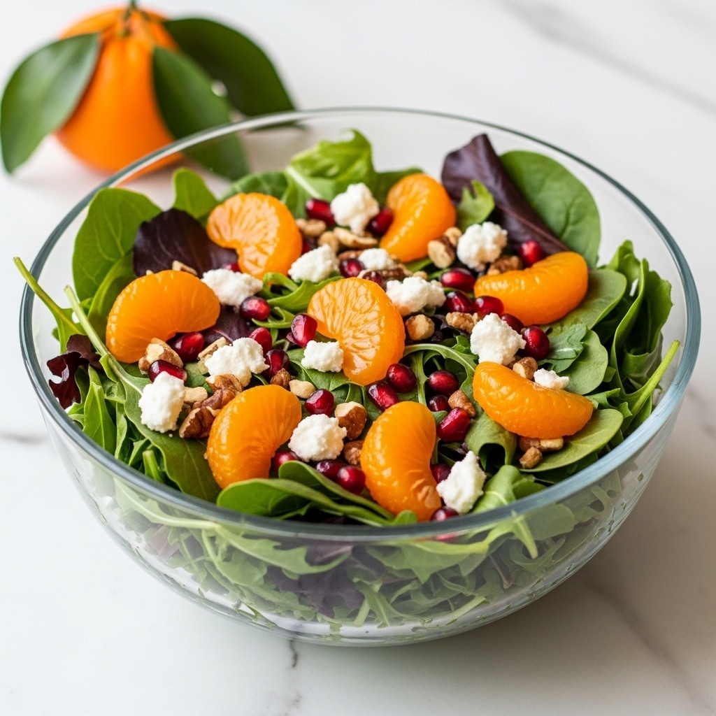 A clear glass bowl filled with a fresh salad sits on a white marbled surface. The salad has a mix of dark and light green leafy vegetables as the base layer. On top are bright orange mandarin slices placed evenly, adding a pop of color. Scattered throughout are small red pomegranate seeds and pieces of crunchy brown nuts. White crumbled cheese is sprinkled over the salad, adding texture and contrast. In the background, a whole mandarin with green leaves is slightly out of focus. photo taken with an iphone --ar 4:5 --v 7