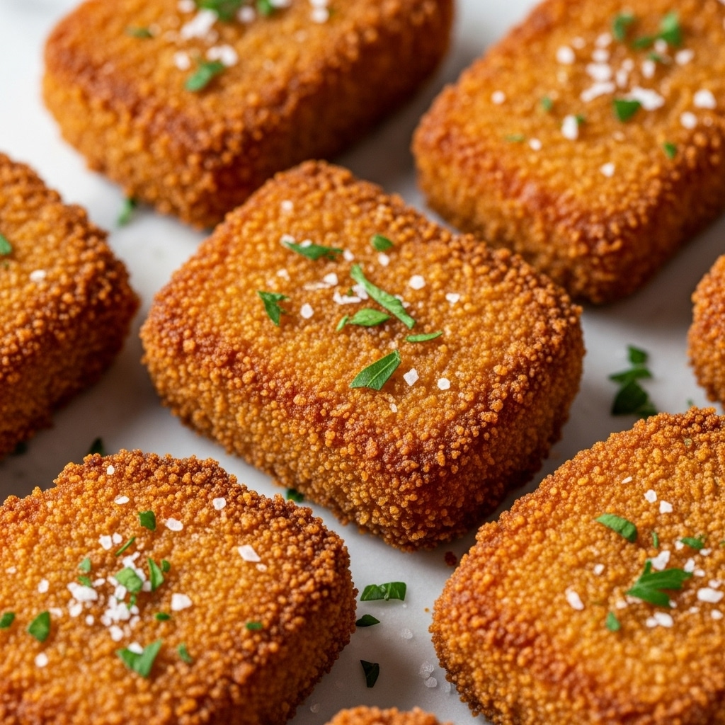 The image shows several golden-brown, crispy fried nuggets close together. Each nugget has a rough, crumbly texture with little dark brown spots from frying, and they are sprinkled with small white flakes of salt and bits of chopped green herbs all over. The nuggets have an irregular rectangular shape with slightly uneven edges, highlighting their crunchy coating. The background is blurred but consistent with a white marbled texture. photo taken with an iphone --ar 4:5 --v 7