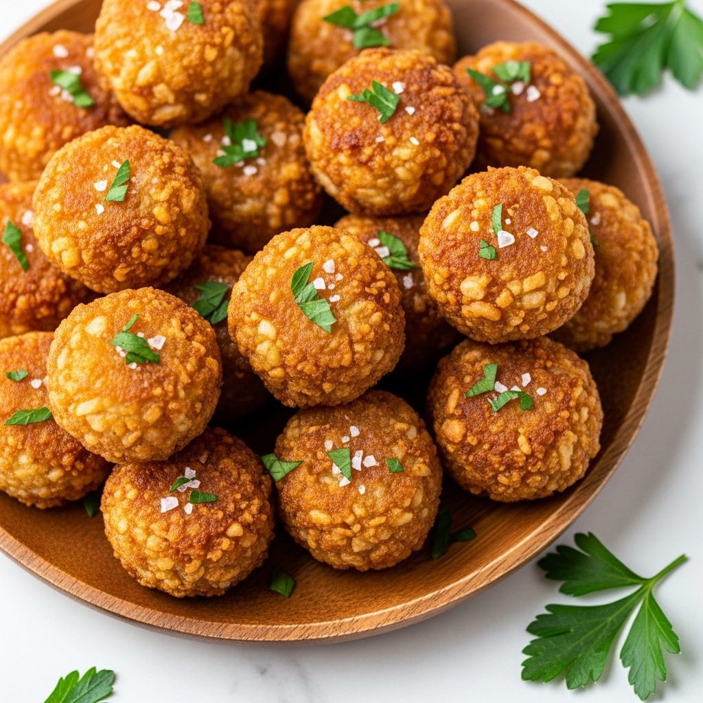 A wooden plate topped with about a dozen small, round, golden-brown crispy bites that have a rough, crunchy texture. Each piece is sprinkled with small white bits of coarse salt and tiny green herb flakes. The pieces vary slightly in size and have a toasted look with darker golden patches. The background shows hints of fresh green herbs blurred out, all set on a white marbled texture. photo taken with an iphone --ar 4:5 --v 7