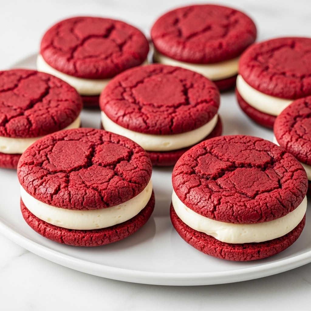 A white plate sits on a white marbled surface, stacked with several red velvet whoopie pies. Each pie has two thick, cracked red cake layers with a smooth, thick white cream layer sandwiched in between. The whoopie pies are arranged in small groups, showcasing the bright red and creamy white contrast. The texture of the red cake top layers is slightly cracked and soft, while the cream filling looks dense and smooth. The lighting softly highlights the colors and textures, making the pies look fresh and inviting. Photo taken with an iphone --ar 4:5 --v 7