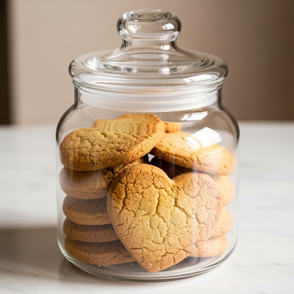 A clear glass jar with a rounded lid is filled with several heart-shaped cookies, stacked closely together. The cookies are golden brown with a slightly rough texture, showing subtle crumbs and details. The jar is placed on a white marbled surface, and the background is a soft, neutral tone, giving a warm and cozy feel. Photo taken with an iphone --ar 4:5 --v 7