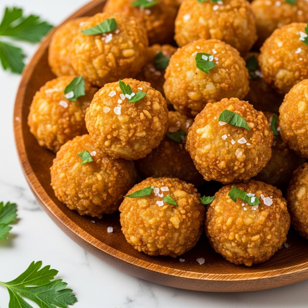 A close-up view of a wooden round plate filled with about a dozen browned, crispy tater tots topped with small bits of chopped green parsley and sprinkled with salt crystals. Each tater tot has a rough, golden-brown surface with a crunchy texture, showing varied shades of light gold to darker brown, highlighting the frying. The plate rests on a white marbled surface, with some scattered parsley leaves around, adding fresh green contrast. photo taken with an iphone --ar 4:5 --v 7
