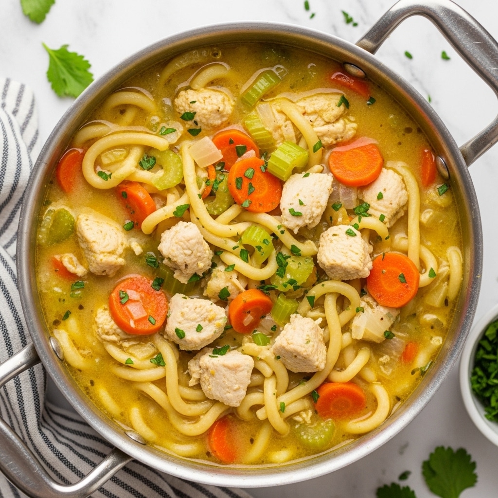 A close-up top view of a creamy chicken noodle soup in a metal pot, showing thick noodles and chunks of white chicken mixed with bright orange carrot pieces and light green celery, all in a rich yellowish broth with small green herb sprinkles scattered on top. The pot is placed on a white marbled textured surface with a striped cloth and some green herbs visible nearby. photo taken with an iphone --ar 4:5 --v 7