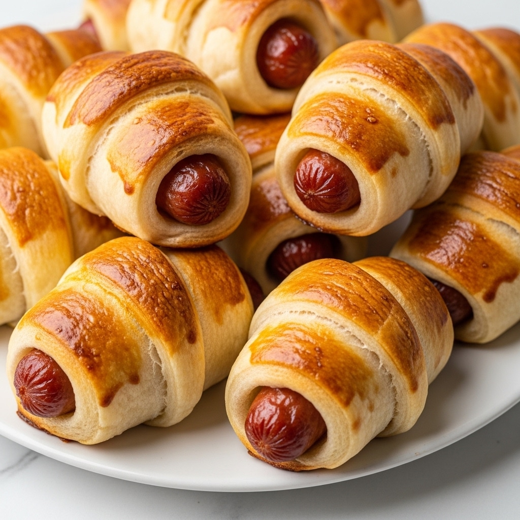 The image shows a close-up of several golden brown crescent rolls wrapped around small sausages, piled on a plain white plate. The rolls have a shiny, slightly crispy surface with a few sprinkled bits of what looks like sugar or salt, adding texture to the crust. The croissants are tightly wrapped around the sausages, with the reddish-brown sausages partly visible at the ends. The background is a white marbled surface, giving a clean, bright look to the scene. Photo taken with an iphone --ar 4:5 --v 7
