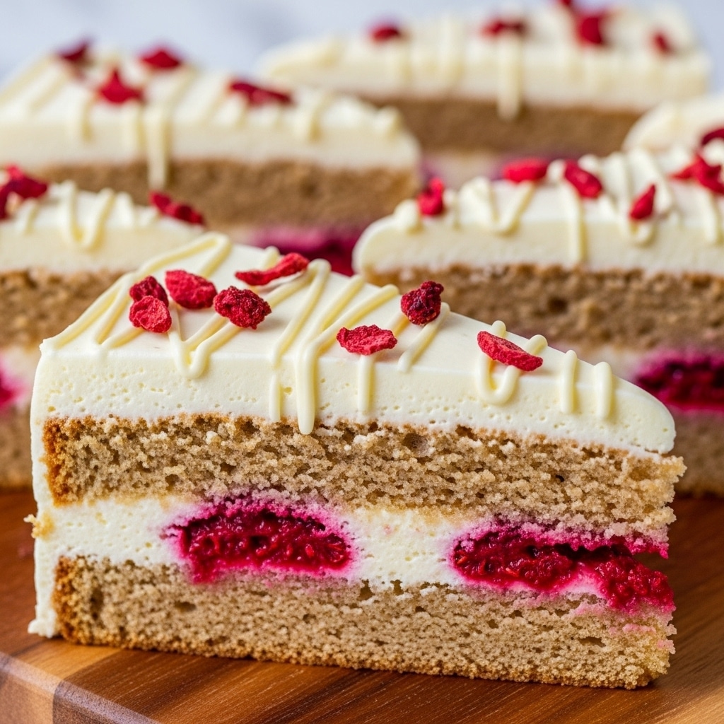 The image shows multiple slices of a berry cake arranged close together on a wooden board. Each slice has two main layers: a thick golden-brown cake base filled with small red berry pieces, and a smooth white frosting layer on top. The frosting is decorated with thin white icing lines drizzled across and scattered whole dried red berries. The texture of the cake looks soft and moist, while the frosting appears creamy and glossy. The background is a white marbled texture. photo taken with an iphone --ar 4:5 --v 7
