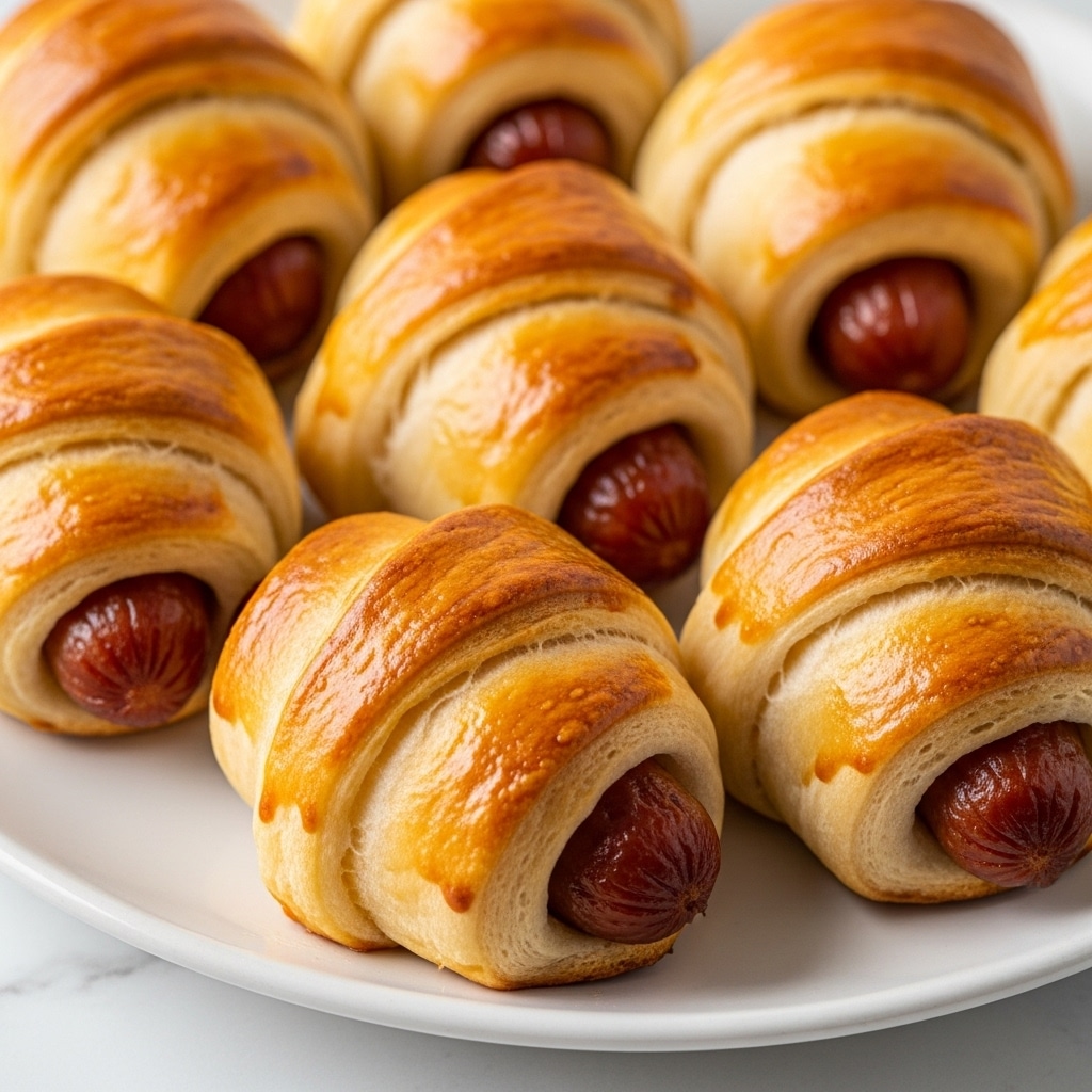 A close-up view of several small crescent rolls wrapped around sausages, arranged closely together on a white plate, each roll showing a golden-brown, shiny, and slightly crisp outer layer with some flaky texture, the sausages mostly hidden but visible at the ends with a darker brown color, all placed on a white marbled surface. photo taken with an iphone --ar 4:5 --v 7