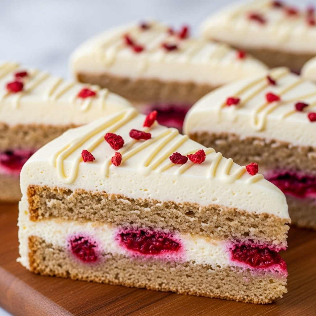 The image shows a close-up of several triangular slices of a cake with two main layers. The bottom layer is light brown with visible red berries mixed inside, giving it a textured, moist look. On top is a thick white cream layer with some thin, wavy white drizzle lines and scattered red dried berries. The cake slices are placed on a wooden board with a white marbled texture in the background. The focus is on one front slice with the others slightly blurred behind it, showing the details of the cream and berries clearly. photo taken with an iphone --ar 4:5 --v 7
