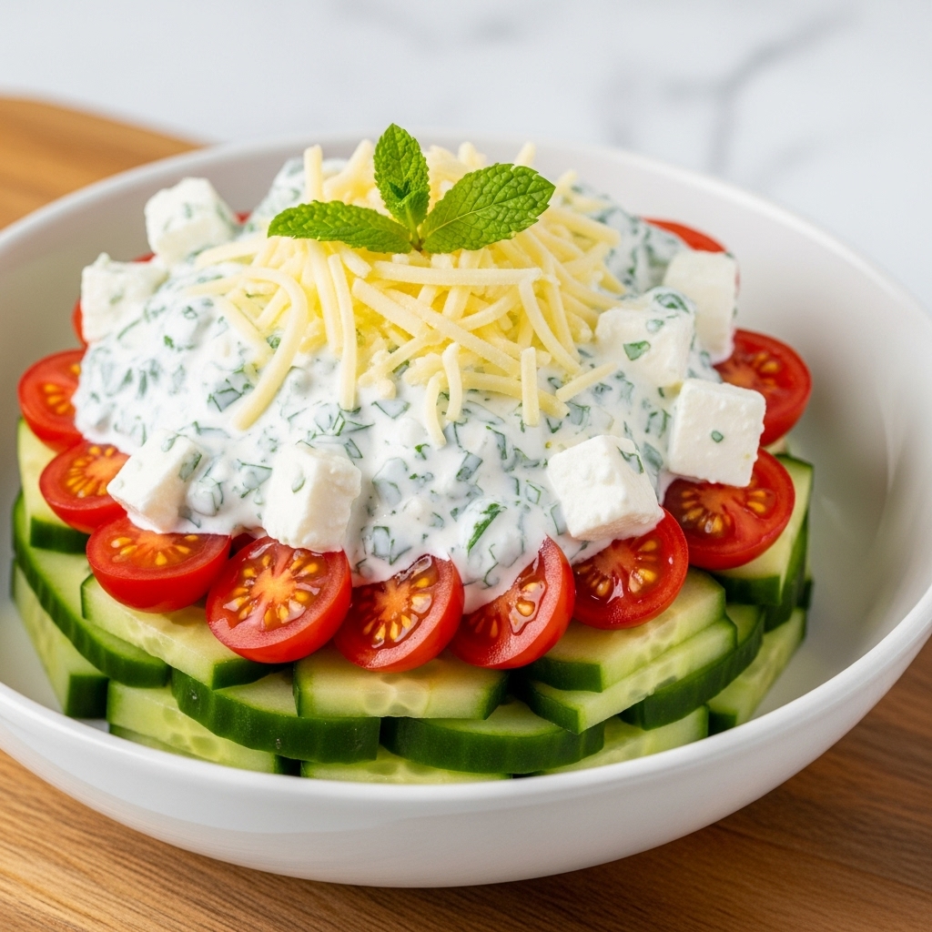A clear glass bowl filled with a layered dessert starting with a base of creamy white whipped topping mixed with red fruit pieces and banana slices; the middle layer shows more whipped topping blending with bright red cherries, banana slices, and small white marshmallows; the top layer is a mound of whipped cream covered with shiny red cherries, whole pecan halves, banana slices, mini white marshmallows, and dark chocolate chips, creating a colorful, textured mix against the clear bowl with a wooden surface background changed to a white marbled texture; photo taken with an iphone --ar 4:5 --v 7