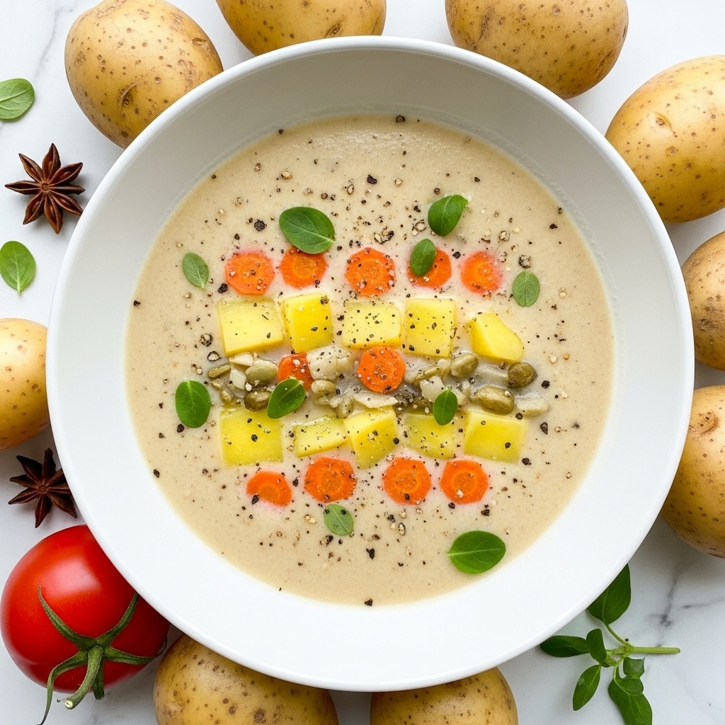 The image shows a white bowl filled with creamy white soup that has visible chunks of yellow potatoes and orange carrot slices floating throughout. The soup is sprinkled with small green herbs, black pepper, and some whole spices like seeds and berries, giving texture and color on the surface. Around the bowl on a white marbled surface are whole yellow potatoes, a red tomato, some green herbs, and star anise pieces scattered casually, adding to the fresh and natural look of the dish. photo taken with an iphone --ar 4:5 --v 7