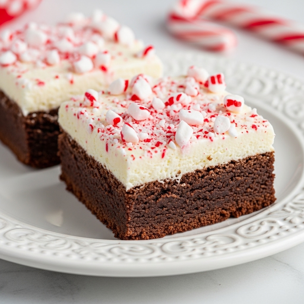 A close-up image of two square brownies on a white decorative plate placed on a white marbled surface. Each brownie has two visible layers: a thick dark brown chocolate base with a moist, dense texture, topped with a smooth white cream layer sprinkled evenly with crushed red and white peppermint candy pieces. One brownie is cut with a slightly rough edge showing the dense texture beneath. A blurred red and white candy cane is in the background. Photo taken with an iphone --ar 4:5 --v 7