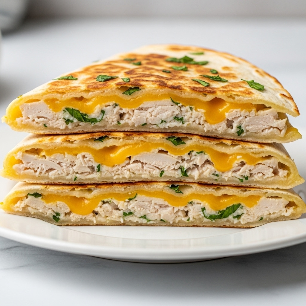 A stack of three folded quesadilla pieces is placed on a white plate, showing layers of melted yellow cheese and shredded white chicken mixed with green herbs inside soft, slightly toasted tortillas. The top tortilla has a golden-brown grilled texture with small green herb bits scattered on it, while the melted cheese oozes slightly at the edges. The quesadilla layers have a mix of soft, creamy white chicken and gooey cheese, creating a rich and appetizing look. The plate sits on a white marbled surface with a blurred background. Photo taken with an iphone --ar 4:5 --v 7