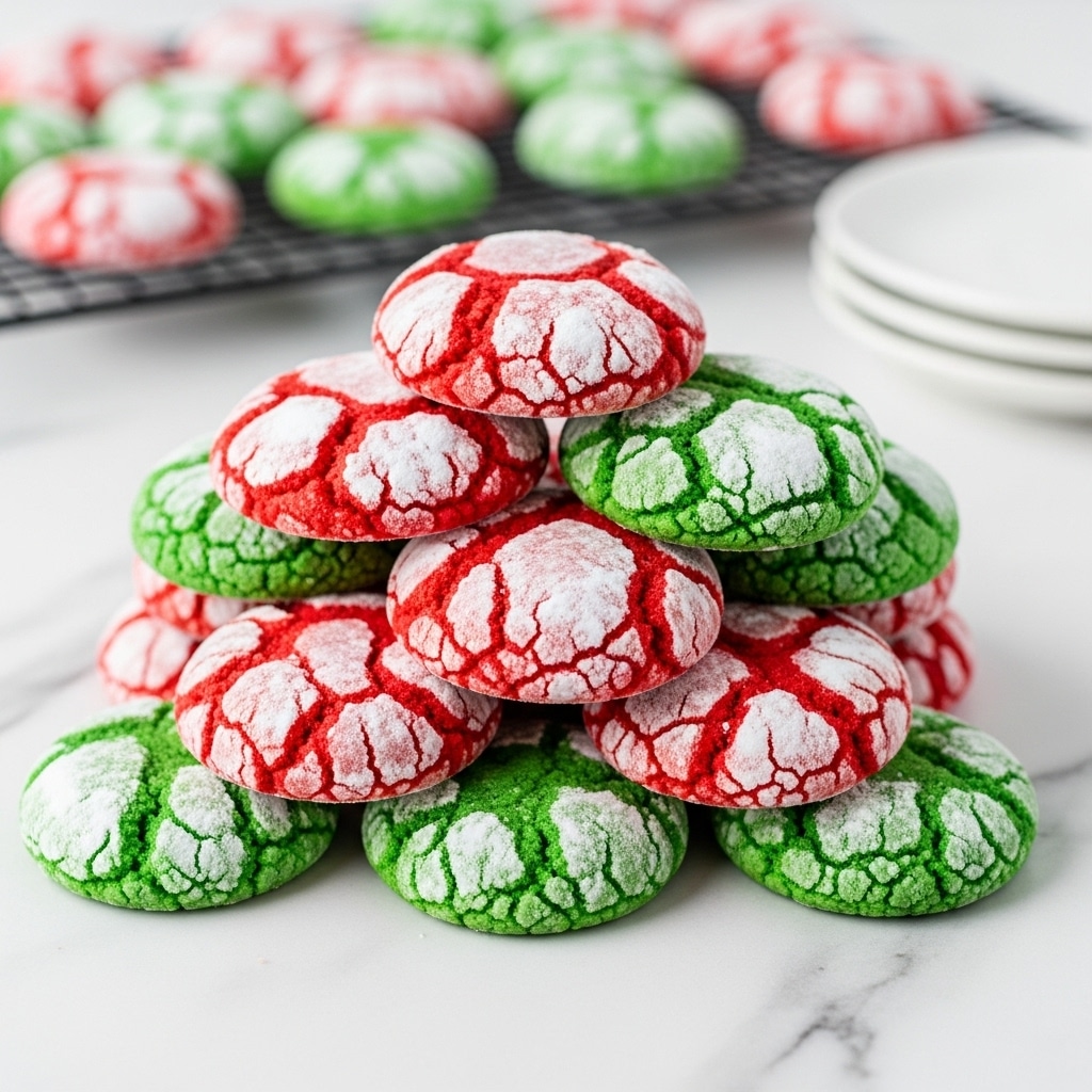 The image shows a pyramid stack of round cookies on a white marbled surface. Each cookie has a cracked texture with powdered sugar on top, exposing colorful red or green dough underneath. The cookies alternate in color, creating a festive pattern. The background has more cookies on a black cooling rack and a small stack of white plates. The overall look is bright and crisp with a feeling of holiday treats. Photo taken with an iphone --ar 4:5 --v 7