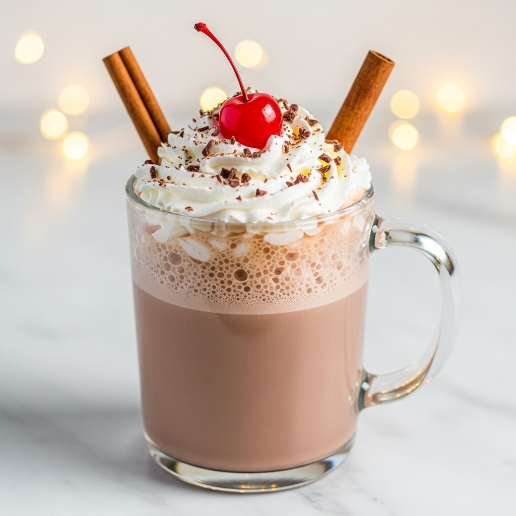 A clear glass mug filled with three layers: the bottom layer is smooth, dark brown hot chocolate, topped with a thick layer of white whipped cream sprinkled with fine brown chocolate shavings. A bright red cherry sits on the whipped cream near the center, and two brown cinnamon sticks are placed sticking out diagonally on opposite sides of the glass. The glass is placed on a white marbled surface with soft yellow lights blurred in the background, giving a warm and festive feel. photo taken with an iphone --ar 4:5 --v 7