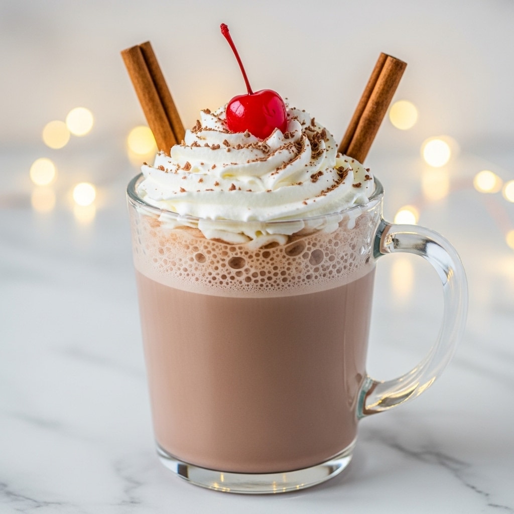 A clear glass mug filled with three layers: the bottom layer is thick, brown hot chocolate, the middle layer is a slightly lighter brown foam near the top edge, and the top layer is a fluffy white whipped cream with light brown sprinkles of chocolate shavings. On top of the whipped cream sits a bright red cherry in the center, with two brown cinnamon sticks leaning diagonally on opposite sides of the mug. The setting includes a white marbled surface with blurred warm yellow lights in the background, giving a cozy feel. photo taken with an iphone --ar 4:5 --v 7