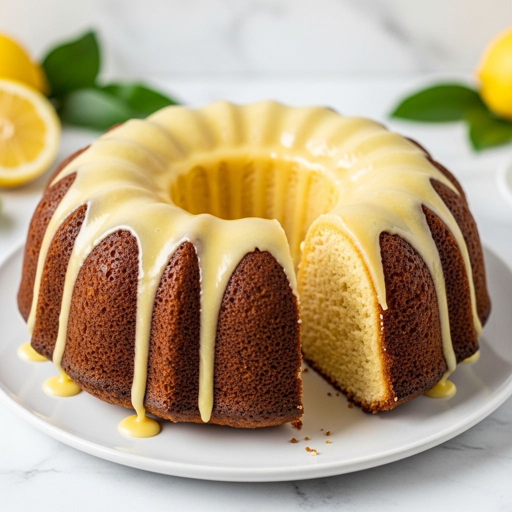 A ring-shaped bundt cake with a golden brown bottom layer and a lighter yellow top layer sits on a white plate. The cake is covered with a smooth, creamy white glaze that drips softly down the sides in thick streams. The background has a white marbled texture, giving a clean and bright look. photo taken with an iphone --ar 4:5 --v 7