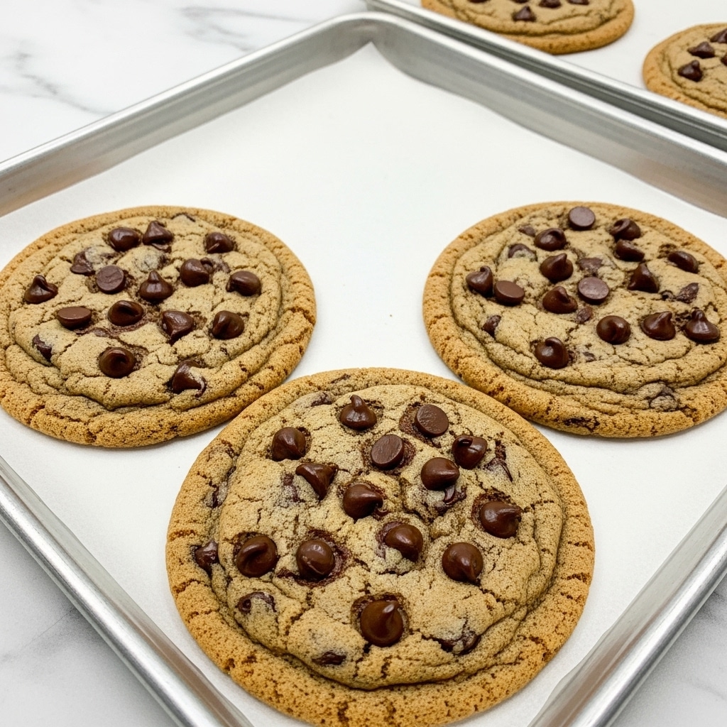 Three large chocolate chip cookies with a golden-brown color and slightly crispy edges sit on a white tray lined with white parchment paper, placed inside a dark metal baking pan. The cookies are thick with a rough texture, filled with many melted chocolate chips scattered evenly across the surface. The cookies overlap each other slightly, showing their soft, chewy centers. The whole setting is on a white marbled surface, giving a clean and bright look. photo taken with an iphone --ar 4:5 --v 7