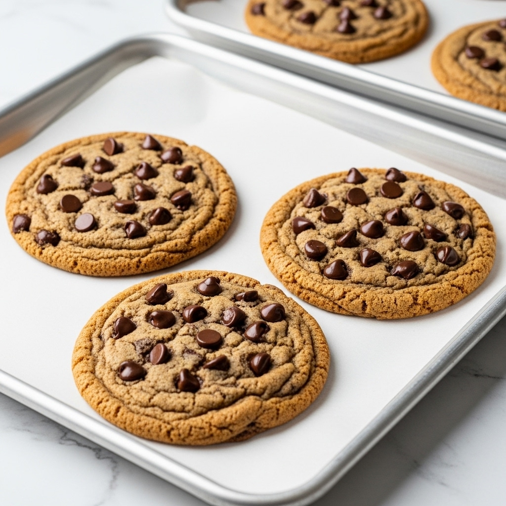 Three large, round chocolate chip cookies rest on white baking paper inside a metal baking tray. Each cookie has a golden-brown color with a slightly crispy edge and a soft, textured surface filled with many melted dark chocolate chips scattered evenly across the top. The cookies have a slightly cracked look, showing their chewy texture beneath the top layer. The baking tray is placed on a white marbled surface, and part of another tray with similar cookies is visible in the background. photo taken with an iphone --ar 4:5 --v 7