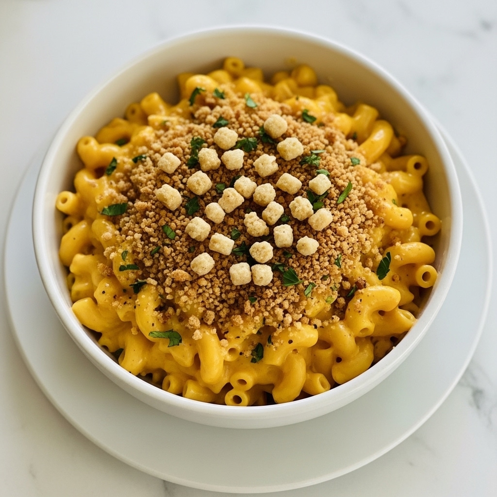 A white bowl filled with creamy macaroni and cheese. The dish has one main layer of soft, elbow-shaped pasta coated in rich, golden yellow cheese sauce. On top, there is a crispy golden brown crumb layer sprinkled evenly with small, toasted breadcrumb bits and chopped green herbs. The bowl is placed on a white plate, sitting on a white marbled surface. Photo taken with an iphone --ar 4:5 --v 7