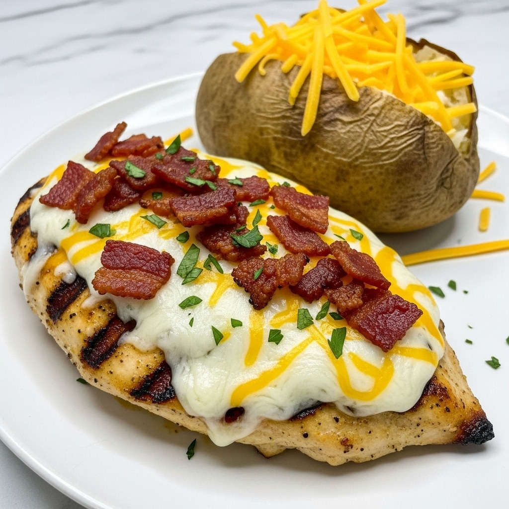 A grilled chicken breast forms the base layer, with a golden-brown, slightly charred texture on the outside. On top, melted cheese blankets the chicken in creamy white and pale yellow tones, oozing slightly at the edges. Scattered across the cheese are crisp, browned bacon pieces adding a deep reddish-brown contrast. Bright green chopped parsley is sprinkled over the entire chicken, adding fresh color. In the background, a baked potato with a rough brown skin is topped with shredded pale orange cheddar cheese. All elements rest on a white plate with a white marbled surface as the background. Photo taken with an iphone --ar 4:5 --v 7