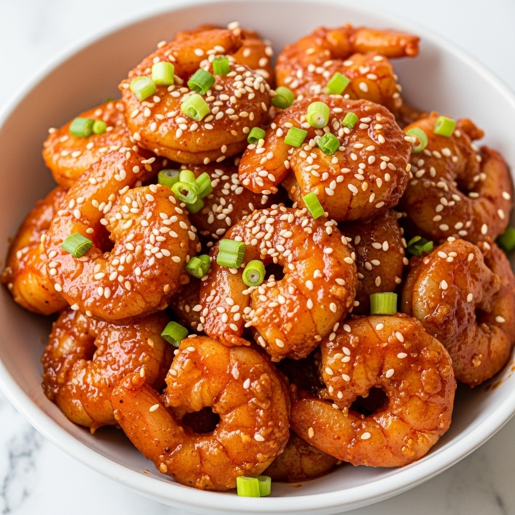 A close-up view of a white bowl filled with cooked shrimp covered in a thick, shiny reddish-orange sauce. The shrimp are curled and coated evenly with the sauce, which has a textured look from small bits of seasoning. Chopped green onions are sprinkled all over the shrimp, adding bright green spots. White sesame seeds are scattered on top, giving a slight crunch texture. The shrimp are piled high, almost filling the bowl. The photo is set on a white marbled surface. photo taken with an iphone --ar 4:5 --v 7
