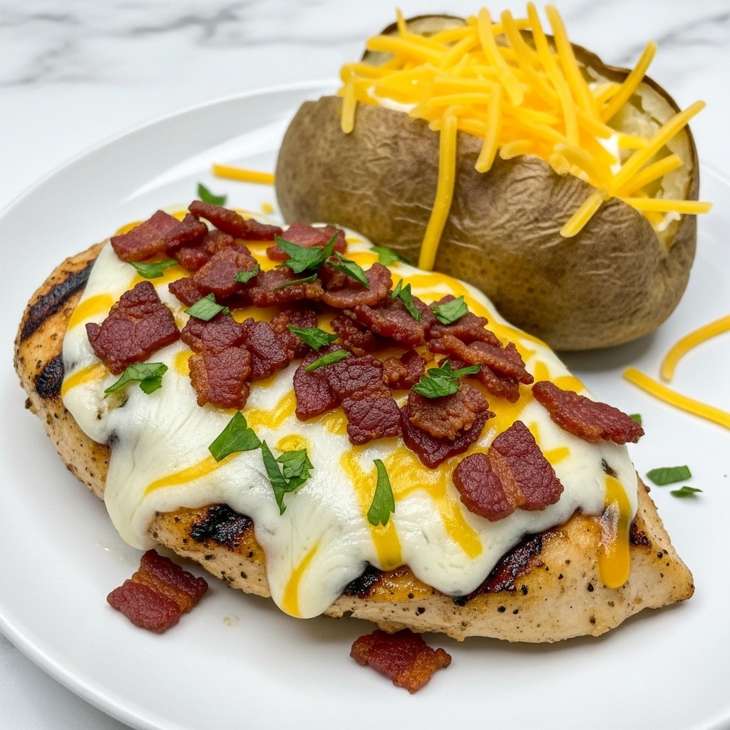 A grilled chicken breast with a slightly charred light brown surface is topped with a thick, melted layer of white and yellow cheese that covers the whole piece. Scattered on top are crispy, dark red-brown bacon bits with a crunchy texture and garnished with small green parsley flakes, adding bright color contrast. The plate is white and holds a baked potato on the side, topped with thin strands of yellow shredded cheddar cheese. The dish sits on a white marbled surface. Photo taken with an iphone --ar 4:5 --v 7
