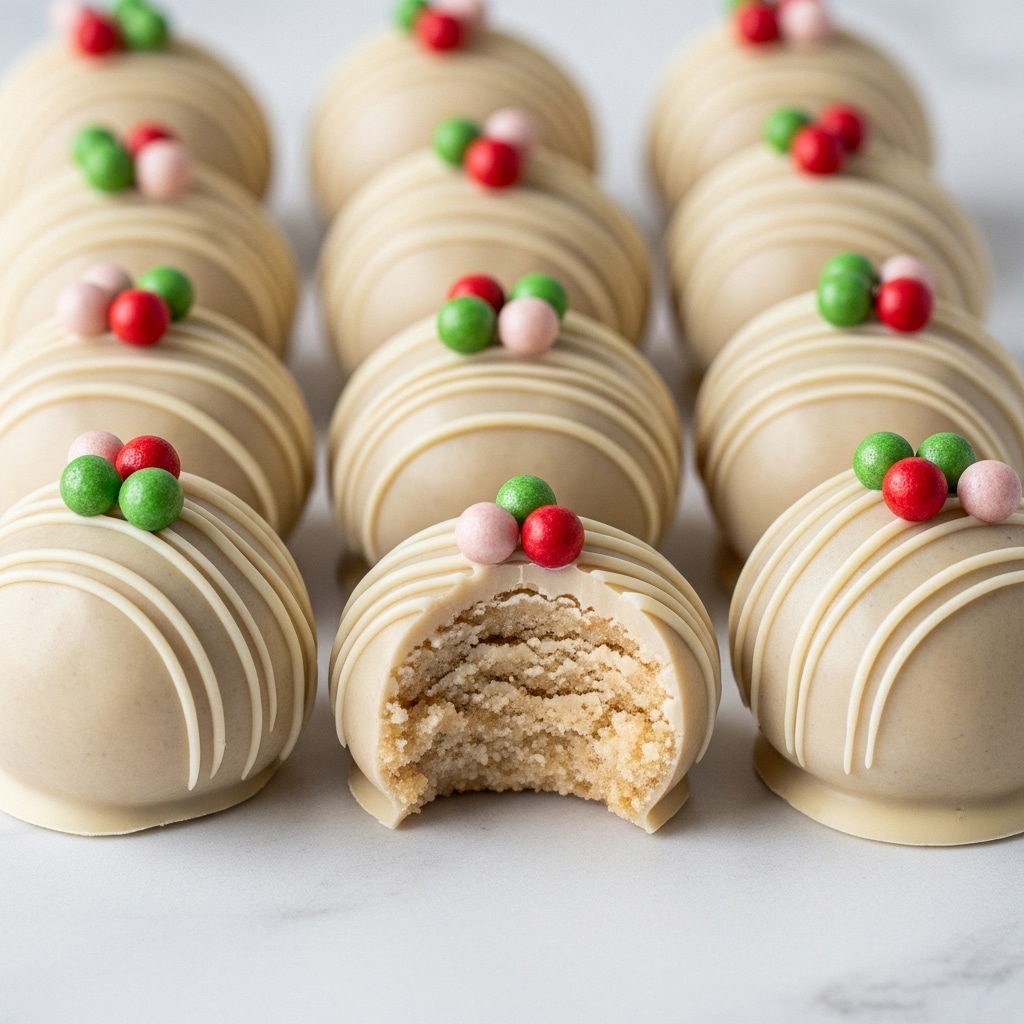 The image shows a close-up of round dessert balls arranged together on a white marbled surface. Each ball has a smooth, light beige outer coating with thin white drizzle lines running over the top. On top of each ball, there are small red, green, and a few pale pink round sprinkles clustered near the center. One ball is placed in the middle front, with a bite taken out of it, revealing a crumbly, light beige interior texture. The pieces are evenly sized, creating a neat and festive look. Photo taken with an iphone --ar 4:5 --v 7