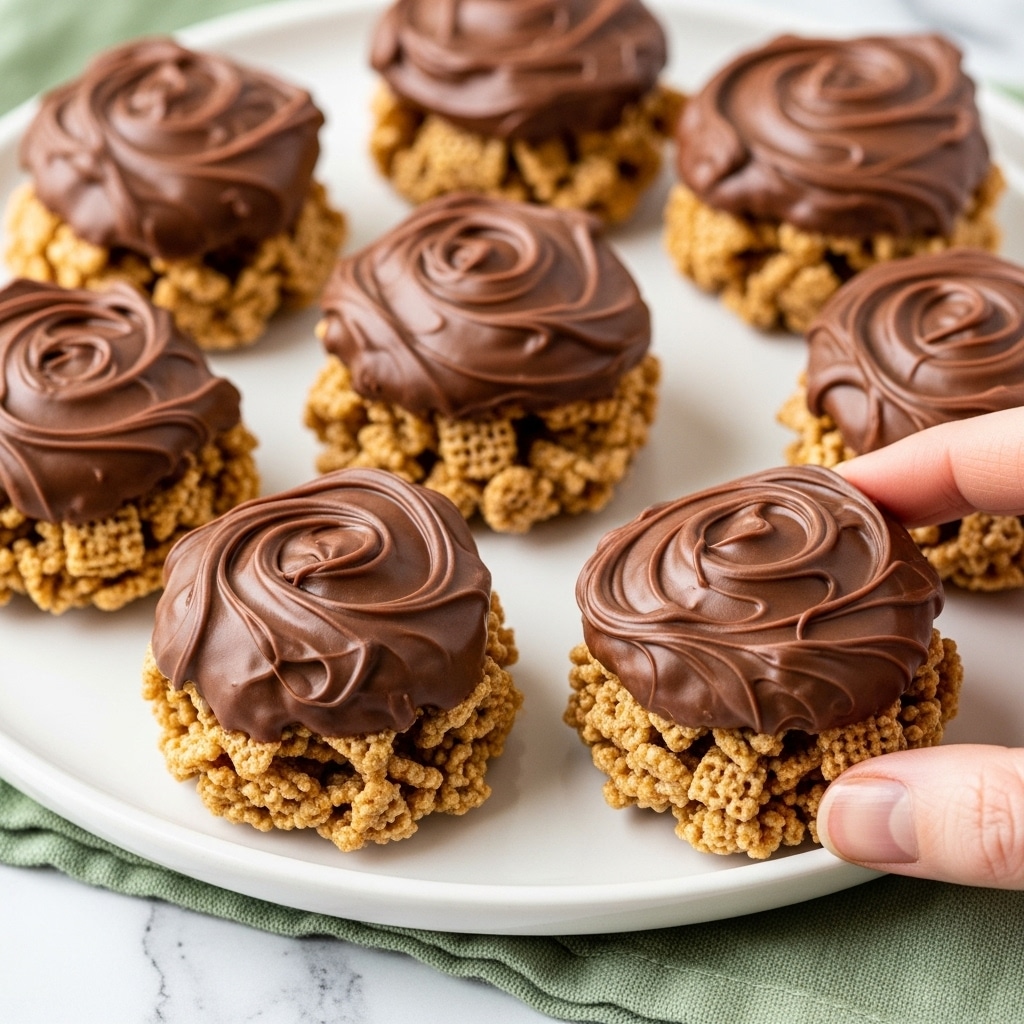 A white plate holds several small clusters of light brown cereal pieces bound together, each topped with a thick layer of smooth, shiny milk chocolate. The cereal clusters have a rough, uneven texture with individual pieces visible, while the chocolate topping looks glossy and slightly melted, draping over the clusters in soft waves. The plate sits on a soft blue cloth, and the background is a white marbled texture with more cereal clusters slightly out of focus. Photo taken with an iphone --ar 4:5 --v 7