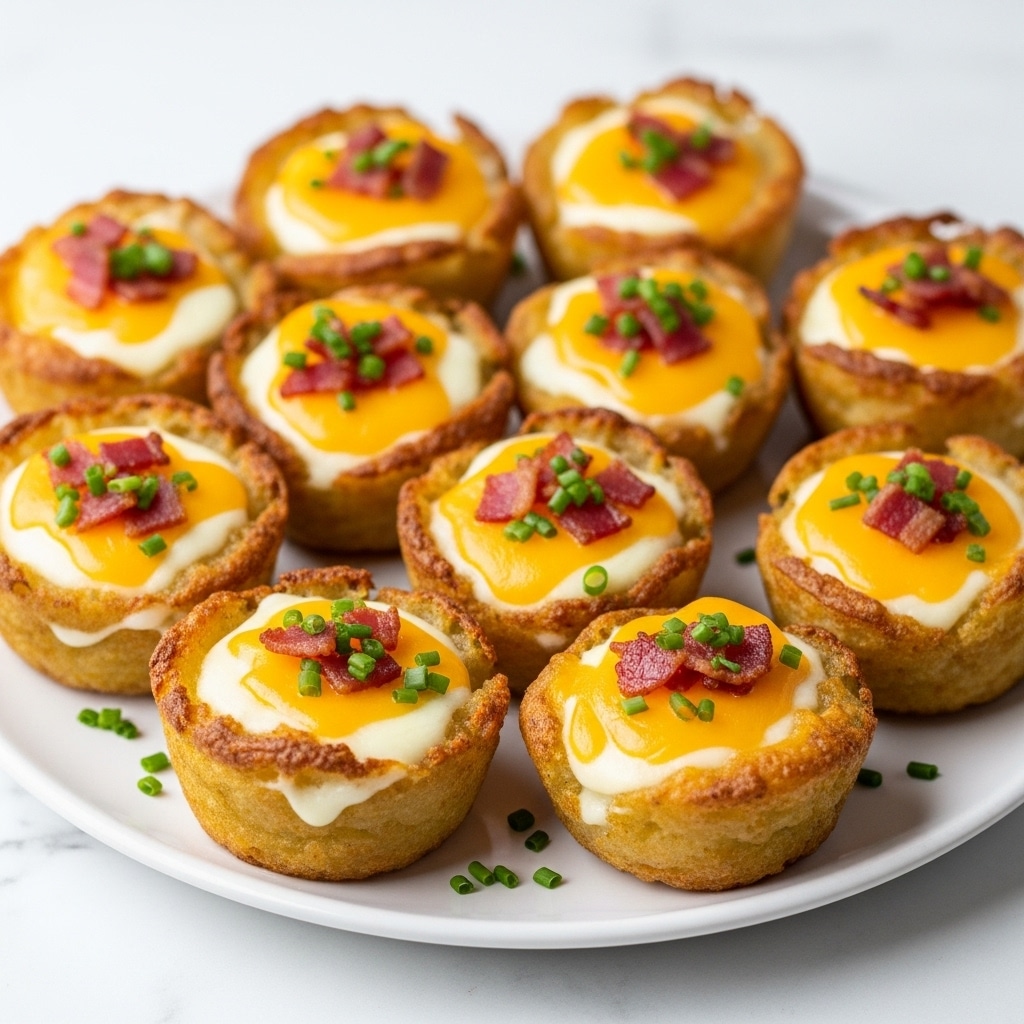 The image shows a close-up of several small, round snack bites stacked on a white plate. Each bite has a crispy golden-brown outer layer with a soft, fluffy white inside. On top, there is melted bright yellow cheese, small pieces of cooked dark brown bacon, and finely chopped green herbs scattered over the surface. The plate is placed on a white marbled background. Photo taken with an iphone --ar 4:5 --v 7