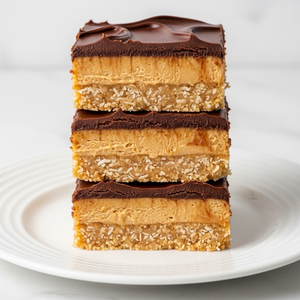Three stacked dessert bars sit on a white plate with subtle circular grooves on a white marbled surface. Each bar has three visible layers: the bottom layer is a golden-brown crust mixed with shredded coconut, giving it a rough texture; the middle layer is a smooth, light caramel-colored filling; the top layer is thick, creamy chocolate frosting with a slightly glossy finish and some smooth swirls on the top. The layers are even and cleanly cut, showing a neat, rich, and inviting treat. Photo taken with an iphone --ar 4:5 --v 7