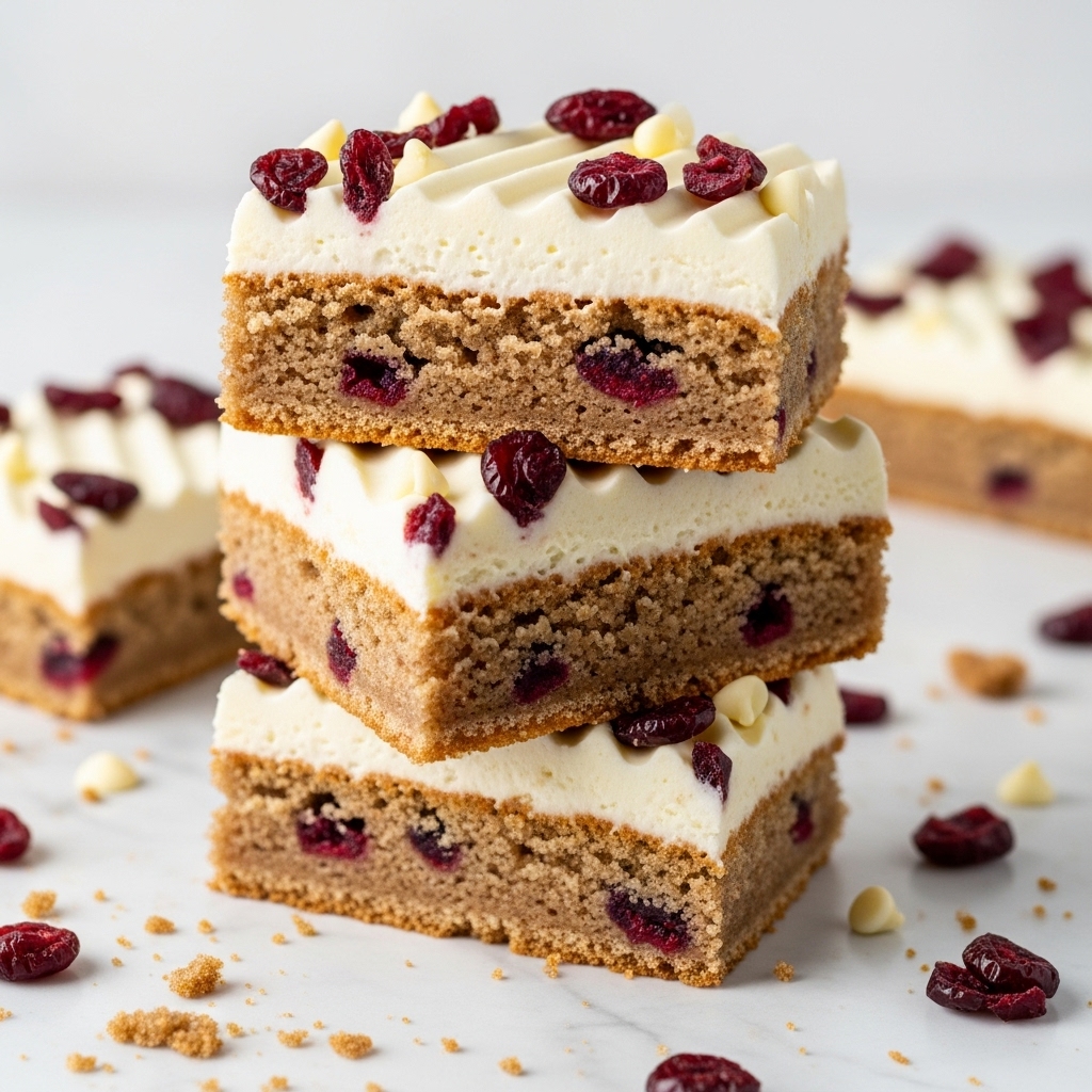 Three triangular bars stacked on a white marbled surface, each bar having two visible layers: a thick, light brown cake layer embedded with small red dried fruit pieces, and a creamy white frosting layer on top with a smooth texture and diagonal ridges. The frosting is decorated with scattered deep red dried cranberries and a few white chocolate chips, adding color contrast and texture. Crumbs and small pieces of dried fruit lay around the bars on the surface. Photo taken with an iphone --ar 4:5 --v 7