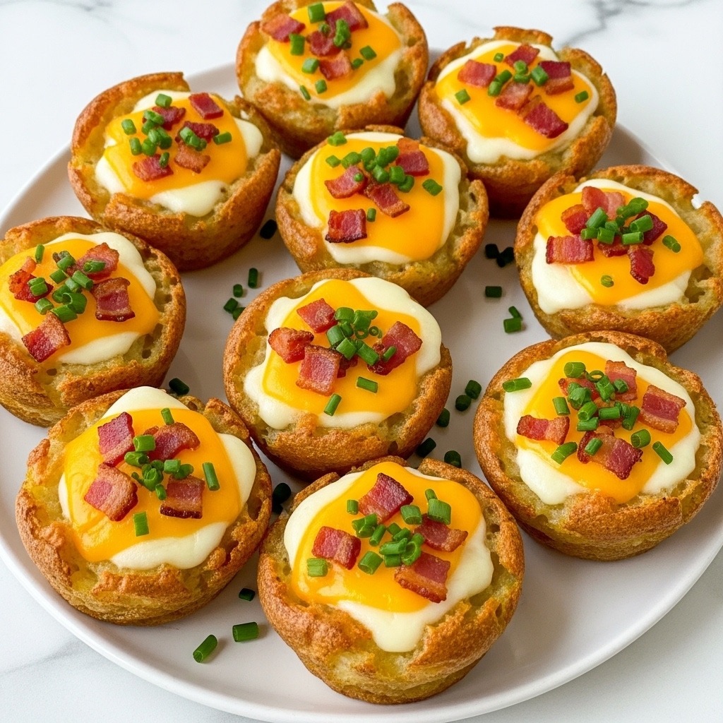 The image shows a white plate filled with several golden brown baked potato nests, each with a crispy texture on the outside. Each nest has a layer of melted white cheese inside, topped with bright yellow melted cheddar cheese and small pieces of crispy bacon. On top, there are finely chopped green chives sprinkled over all the nests. The plate is placed on a white marbled surface. The photo taken with an iphone --ar 4:5 --v 7