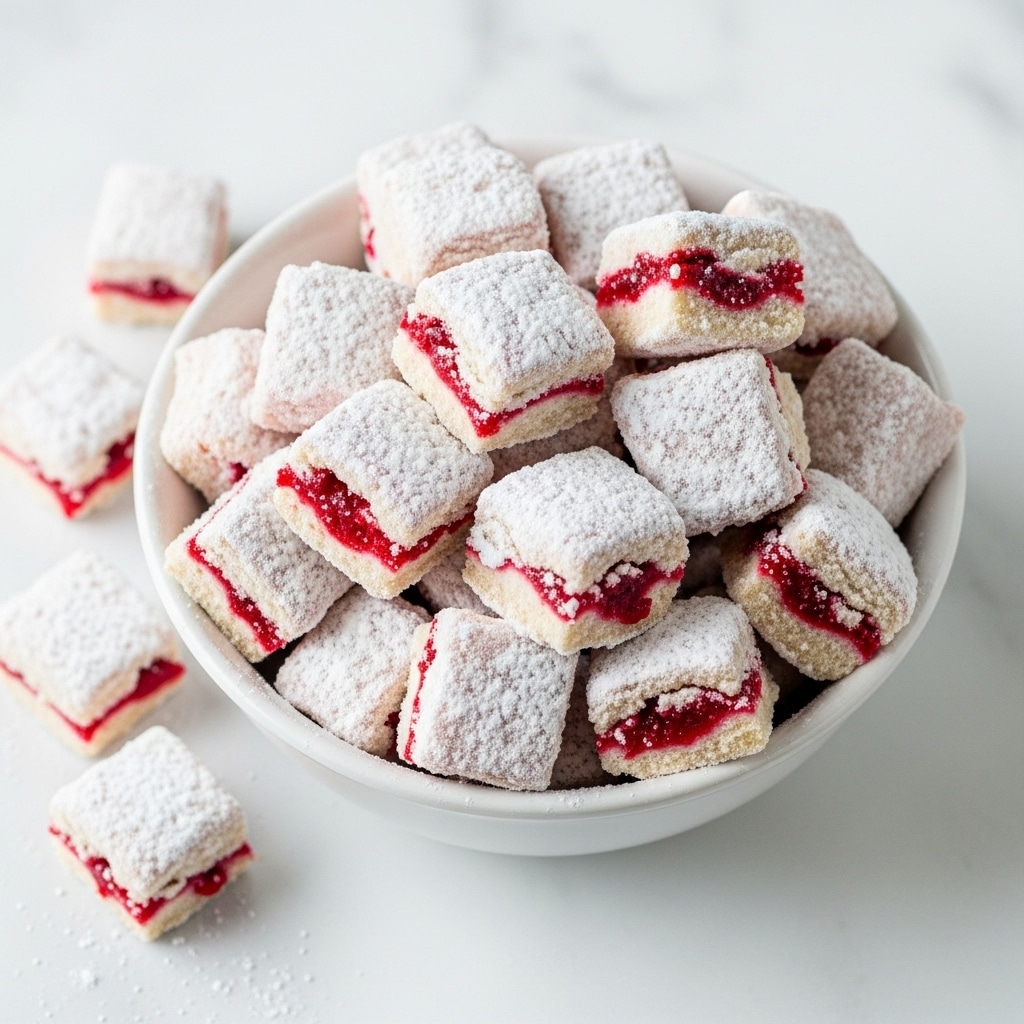 A white bowl filled with many small square snacks covered in white powdered sugar, with some pieces showing a red center inside. The bowl is placed on a white marbled surface, and a few snack pieces are scattered outside the bowl. The texture of the snacks looks soft and coated thickly with powdered sugar, with the red center adding a bright contrast. Photo taken with an iphone --ar 4:5 --v 7