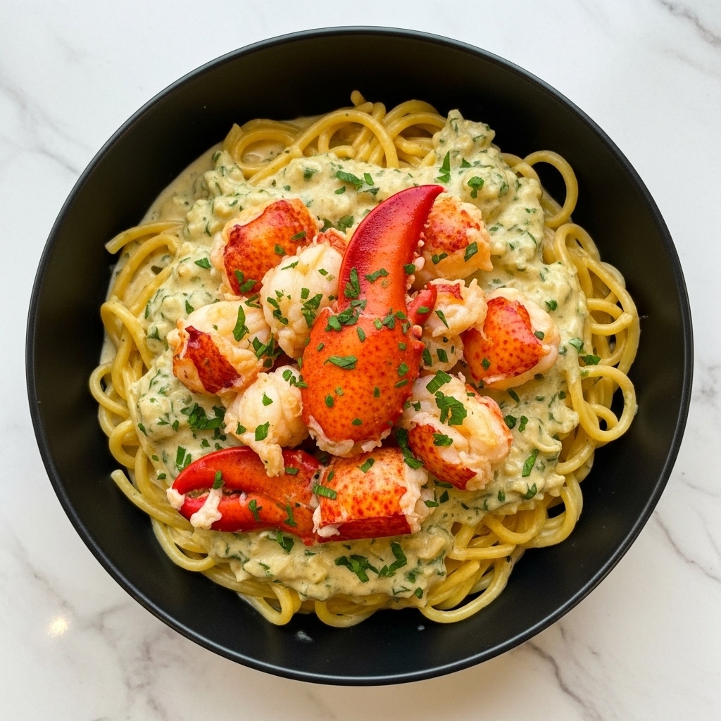 The image shows a black bowl filled with creamy pasta topped with large, orange-red lobster pieces. The pasta is coated in a thick, pale yellow sauce with a smooth texture, and the lobster pieces are scattered evenly on top, giving a rich contrast of colors. Small green herb bits are sprinkled over the dish, adding a fresh touch. The bowl sits on a white marbled surface. Photo taken with an iphone --ar 4:5 --v 7