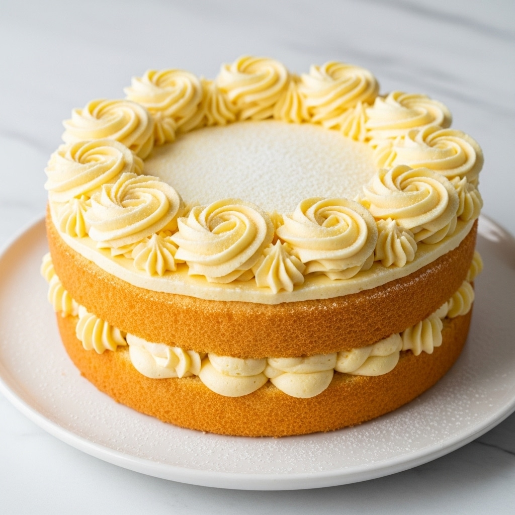 A white plate holds a two-layer round cake with light yellow sponge layers and a thick creamy filling of pale yellow between each layer. The outside is covered in smooth, light yellow frosting, with piped rosettes made of the same frosting arranged around the edge of the top. The top is dusted lightly with powdered sugar. The surface beneath the plate is a white marbled texture. photo taken with an iphone --ar 4:5 --v 7