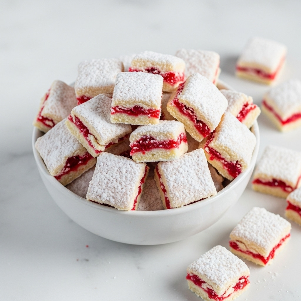 A white bowl sits on a white marbled surface filled with many small square bite-sized pieces covered in white powdered sugar, revealing bits of bright red inside each piece. The pieces have a rough, powdery texture with the powder unevenly coating each square. A few pieces spill outside the bowl onto the surface, adding to the casual, inviting look. Photo taken with an iphone --ar 4:5 --v 7