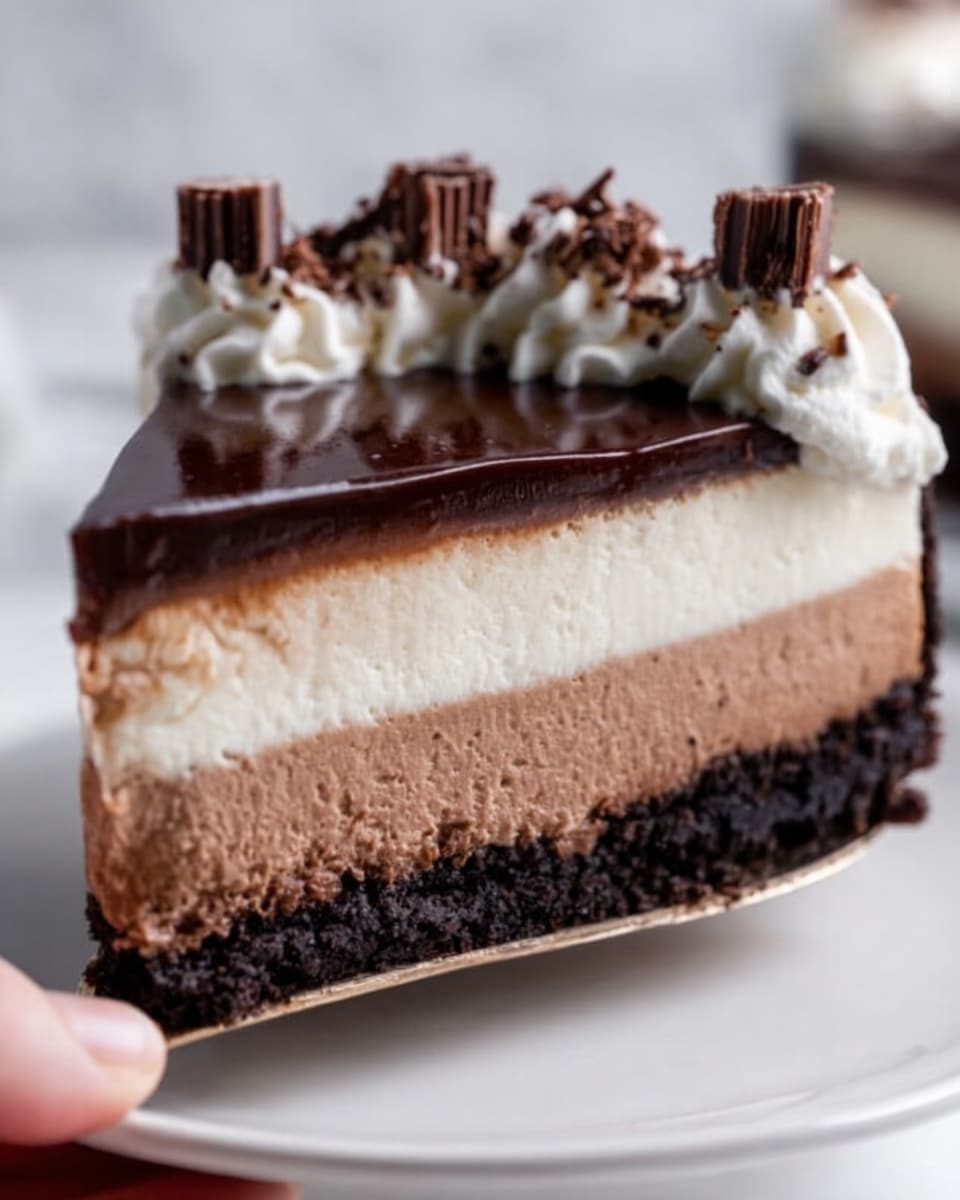 The image shows a slice of layered cheesecake on a white plate, with a white marbled texture background. The bottom layer is dark and crumbly, likely made of chocolate crumbs. Above it is a thick, smooth light brown layer of chocolate cheesecake. Next is a thinner, creamy white layer of cheesecake. The top is covered with a shiny, dark chocolate glaze that looks smooth and glossy. On top of the glaze, there are small dollops of white whipped cream, each decorated with small pieces of chocolate curls. A woman's hand holds the slice carefully by the plate edge. Photo taken with an iphone --ar 4:5 --v 7