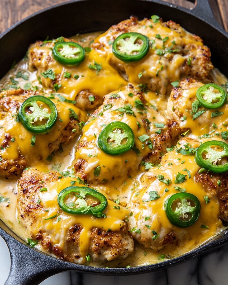 A black skillet filled with six pieces of golden-brown cooked chicken breasts, each topped with a smooth layer of melted yellow cheese. On top of the cheese, there are sliced green jalapeño peppers scattered evenly across all the chicken pieces. Small bits of fresh green herbs are sprinkled over everything. The skillet is placed on a white marbled surface, showing the warm and cheesy dish in close-up. photo taken with an iphone --ar 4:5 --v 7