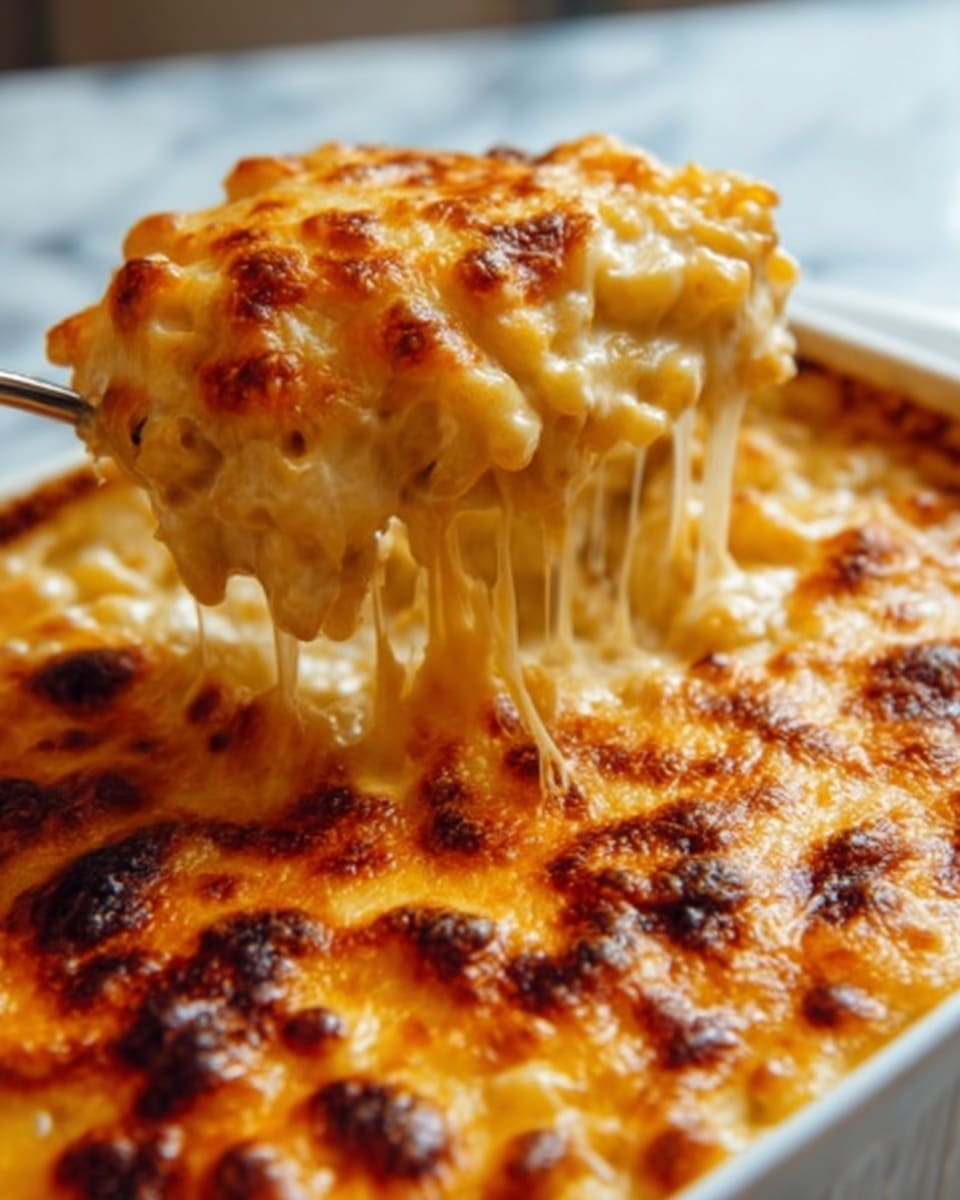 A close-up view of a baked macaroni and cheese dish showing gooey, melted, golden brown cheese on top with some darker browned spots. A portion is being lifted, revealing stretchy, creamy cheese strands stretching from the main dish to the lifted scoop. The texture is rich and bubbly, with the cheese layer thick and slightly browned, covering creamy pasta inside. The surface below is a white marbled texture. photo taken with an iphone --ar 4:5 --v 7