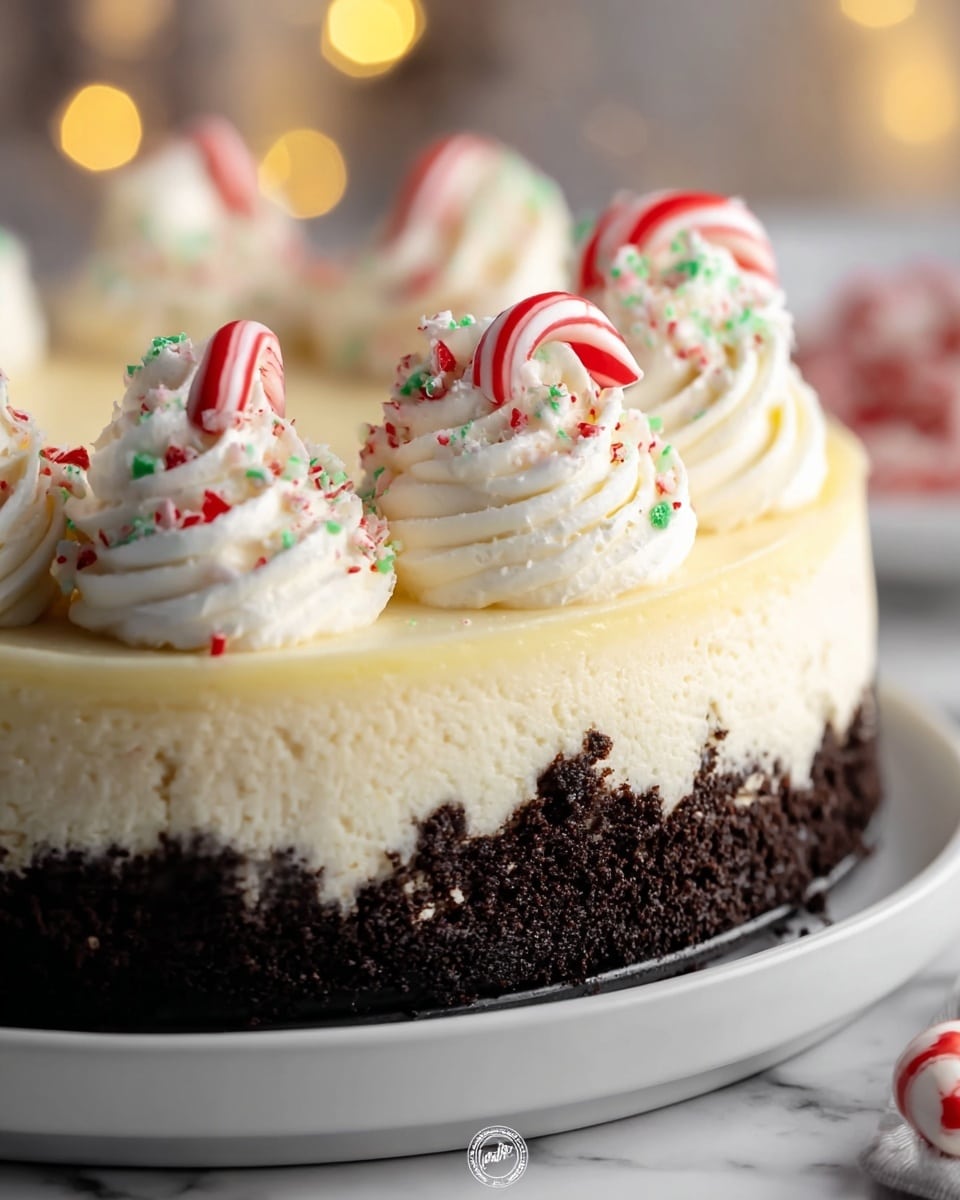 A close-up of a two-layer cheesecake on a white plate, resting on a white marbled surface. The bottom layer is thick, dark brown, and crumbly, likely an Oreo cookie crust. The top layer is smooth, creamy, and pale yellowish-white in color. On top, there are several swirls of white whipped cream decorated with small red and green candy pieces. Each whipped cream swirl has a small piece of curved red and white peppermint placed on it. The background is softly blurred with warm yellow bokeh lights. photo taken with an iphone --ar 4:5 --v 7