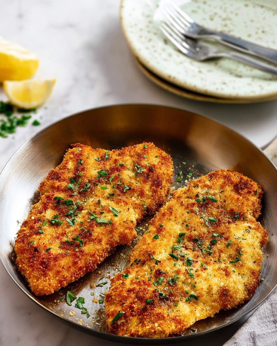 Two golden brown breaded chicken fillets with a crispy texture are placed side by side in a round metal pan. They are sprinkled with small pieces of green fresh herbs, adding a touch of color. In the background, there is a stack of two white plates with light green speckles, and two forks rest on the top plate. To the left, a small lemon wedge and some scattered chopped herbs sit on a white marbled surface. The overall look is warm and inviting. photo taken with an iphone --ar 4:5 --v 7