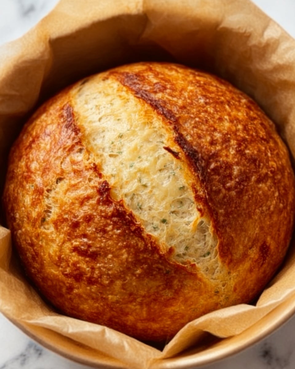 The image shows a round loaf of bread with a golden brown crust, placed in a parchment paper-lined container. The top of the bread is cracked open in the center, revealing a fluffy, soft inside with a light creamy color. The crust looks crispy and slightly rough with some darker toasted spots. The parchment paper is slightly wrinkled and light brown, and the whole scene sits on a white marbled surface. Photo taken with an iphone --ar 4:5 --v 7