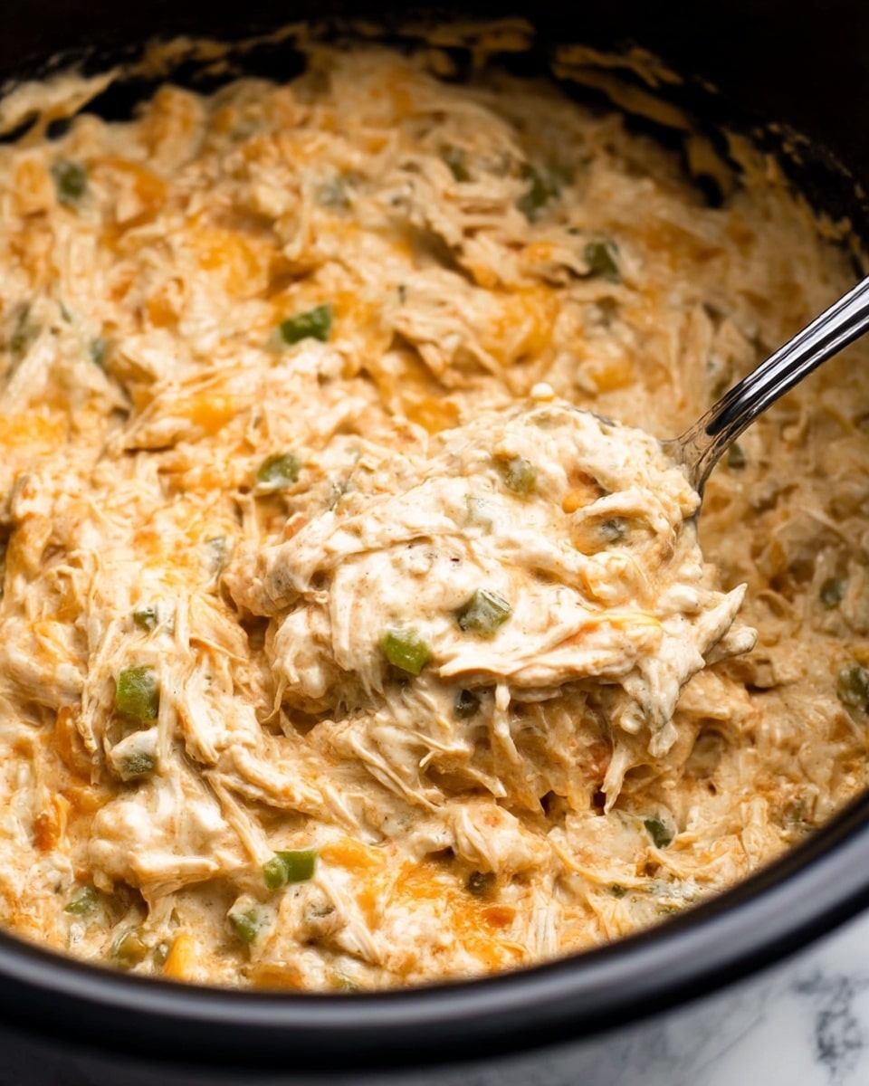 This image shows a close-up view of a creamy, shredded chicken mixture in a black pot. The dish has a thick, soft texture with a blend of off-white and light orange colors, indicating melted cheese and sauce mixed throughout. Small diced green pieces, likely peppers, are scattered evenly in the creamy layers. A silver spoon is scooping the mixture, adding shine and contrast to the soft, dense food. The background is out of focus but replaced with a white marbled texture. Photo taken with an iphone --ar 4:5 --v 7