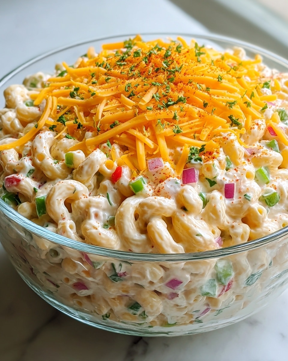 A clear glass bowl filled with creamy macaroni salad, showing elbow macaroni covered in a white sauce mixed with small pieces of green bell pepper, red bell pepper, and red onion. The top layer is covered with a generous amount of shredded orange cheddar cheese, sprinkled with green herbs and a light dusting of red paprika. The bowl is placed on a white marbled surface with soft natural light coming from the side. photo taken with an iphone --ar 4:5 --v 7