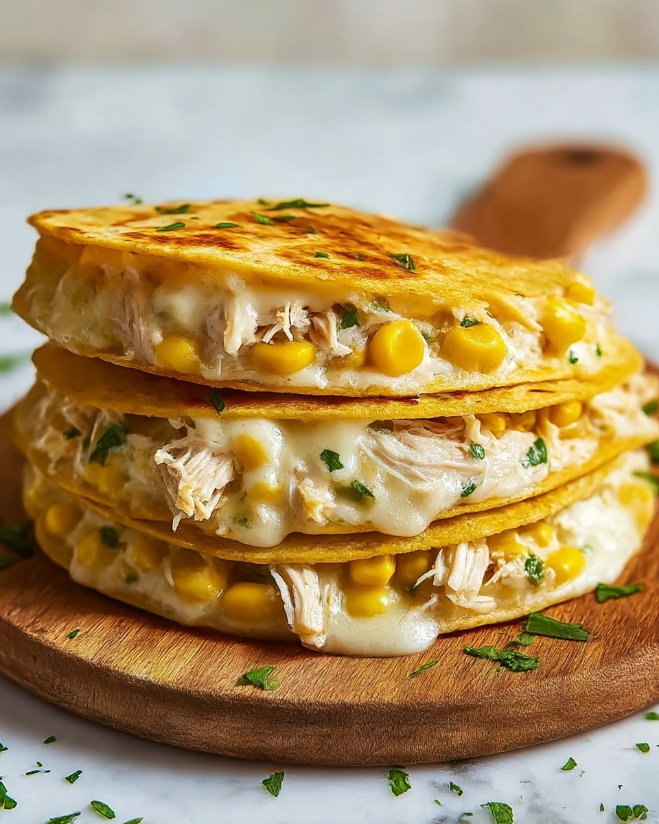 The image shows two stacked corn tortillas that are golden brown and lightly crispy on the outside. Each tortilla holds a thick layer of melted white cheese mixed with shredded chicken, bright yellow corn kernels, and green herbs. The melted cheese looks creamy and gooey, oozing slightly from the sides. The tortillas are placed on a round wooden serving board against a white marbled surface with some green herb garnishes sprinkled on top. Photo taken with an iphone --ar 4:5 --v 7