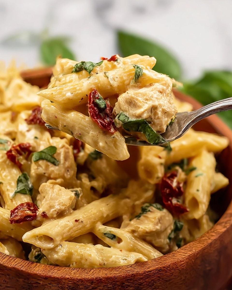A close-up view of a creamy pasta dish in a wooden bowl shows about two layers of penne pasta, which is coated in a smooth, light yellow cheese sauce. Small pieces of cooked chicken with a light golden-brown texture are mixed evenly throughout the pasta, creating the second texture layer. Bright red sun-dried tomato pieces and fresh green basil leaves are scattered throughout, adding splashes of color and freshness. A silver fork lifts a portion of the pasta, chicken, tomato, and basil, displaying the creamy sauce textures and herb details up close. The background has a white marbled texture with some blurred green basil in the back, giving a bright and fresh feel. Photo taken with an iphone --ar 4:5 --v 7
