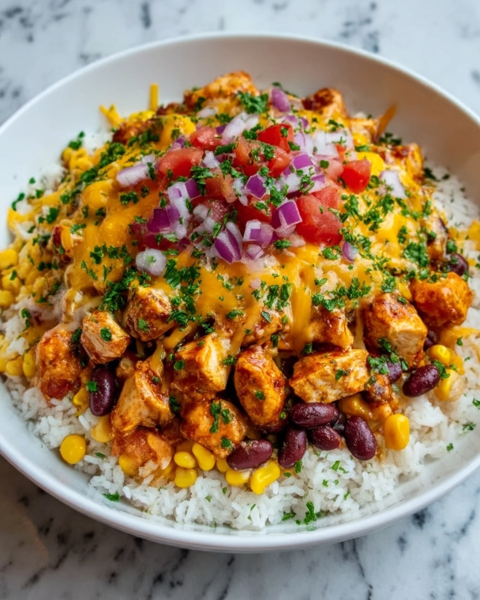 The image shows a bowl of rice topped with multiple colorful layers. The bottom layer is white rice, covering the entire base of the white bowl. On top of the rice is a layer of yellow corn mixed with red beans, adding texture and color contrast. Above this is a generous layer of cooked, diced chicken pieces coated in a reddish sauce. This is followed by melted cheddar cheese that looks golden and slightly bubbly. Scattered finely chopped red onions and diced tomatoes sit on top, adding fresh red and purple hues. The dish is finished with a sprinkle of green chopped herbs, giving a fresh and vibrant touch. The bowl is set on a white marbled surface. Photo taken with an iphone --ar 4:5 --v 7