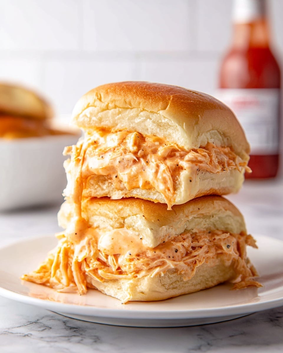 A close-up of a sandwich with two soft white bread buns, each soft and golden brown on top, stacked on a white plate with a white marbled surface. Between the buns are thick layers of creamy, orange-colored chicken salad mixed with shredded pieces of chicken, spilling slightly over the edges of the bread. The sauce looks smooth and glossy with some visible black pepper specks. Behind the sandwich, there is a blurry background with a bottle of red sauce and a white container, all placed on the white marbled texture. photo taken with an iphone --ar 4:5 --v 7