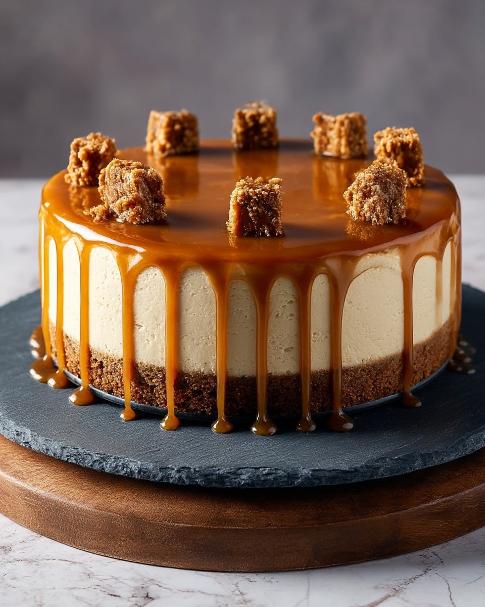 The cake has three main layers: the bottom layer is a dark brown crumbly crust, the middle layer is a thick, smooth light beige cheesecake filling, and the top layer is covered with shiny, rich caramel sauce that drips down the sides in thick streams. On top of the caramel layer, there are eight evenly spaced small pieces of a crumbly brown topping. The cake sits on a dark grey round slate board, which rests on a brown wooden round stand, all placed on a white marbled textured surface. photo taken with an iphone --ar 4:5 --v 7